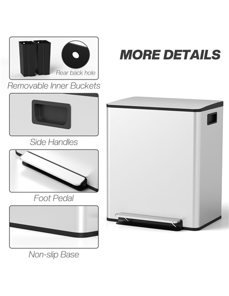 HOMCOM 50L Dual Compartment Stainless Steel Bin, with Deodoriser Holders - Silver - pic 203433 | FastDaddyshop
