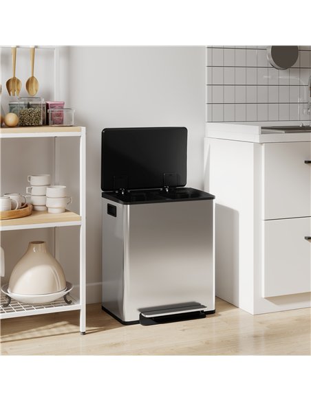 HOMCOM 50L Dual Compartment Stainless Steel Bin, with Deodoriser Holders - Silver - pic 203435 | FastDaddyshop