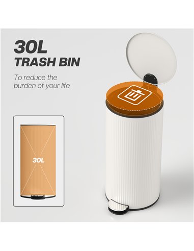 HOMCOM Kitchen Bin, 30 Litre Pedal Rubbish Bin with Removable Bucket, Cream