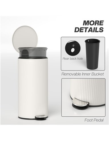 HOMCOM Kitchen Bin, 30 Litre Pedal Rubbish Bin with Removable Bucket, Cream