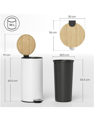 HOMCOM Kitchen Bin, 30 Litre Pedal Rubbish Bin with Removable Bucket, White and Natural