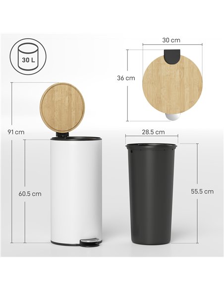 HOMCOM Kitchen Bin, 30 Litre Pedal Rubbish Bin with Removable Bucket, White and Natural - pic 203456 | FastDaddyshop