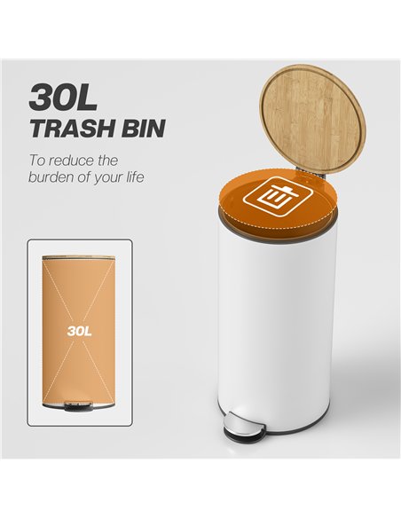 HOMCOM Kitchen Bin, 30 Litre Pedal Rubbish Bin with Removable Bucket, White and Natural - pic 203457 | FastDaddyshop