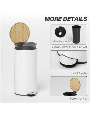 HOMCOM Kitchen Bin, 30 Litre Pedal Rubbish Bin with Removable Bucket, White and Natural