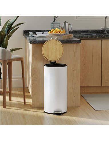HOMCOM Kitchen Bin, 30 Litre Pedal Rubbish Bin with Removable Bucket, White and Natural