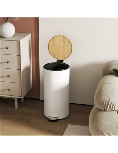 HOMCOM Kitchen Bin, 30 Litre Pedal Rubbish Bin with Removable Bucket, White and Natural
