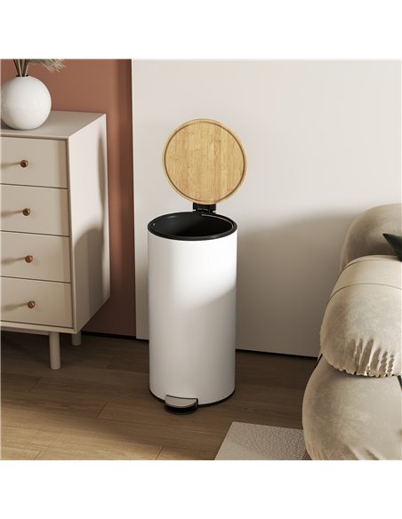 HOMCOM Kitchen Bin, 30 Litre Pedal Rubbish Bin with Removable Bucket, White and Natural - pic 203462 | FastDaddyshop