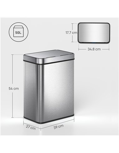 HOMCOM 50 L Sensor Can,  Sensor Bin with Soft-Close Lid, Fingerprint-Proof Stainless Steel, Silver Tone