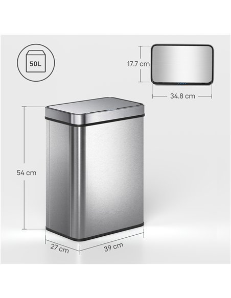 HOMCOM 50 L Sensor Can,  Sensor Bin with Soft-Close Lid, Fingerprint-Proof Stainless Steel, Silver Tone - pic 203465 | FastDaddyshop