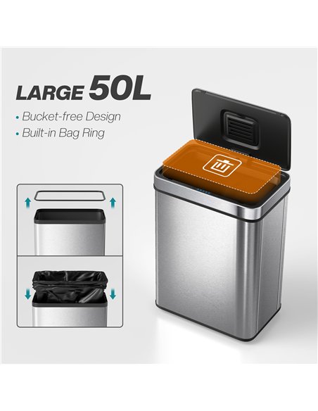 HOMCOM 50 L Sensor Can,  Sensor Bin with Soft-Close Lid, Fingerprint-Proof Stainless Steel, Silver Tone - pic 203467 | FastDaddyshop