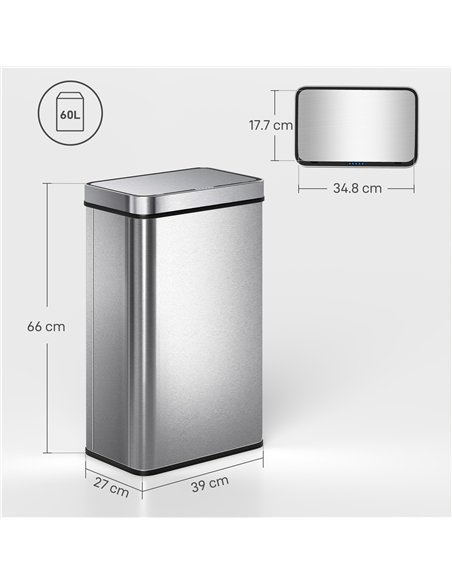 HOMCOM 60 L Sensor Can,  Sensor Bin with Soft-Close Lid, Fingerprint-Proof Stainless Steel, Silver Tone - pic 203474 | FastDaddyshop