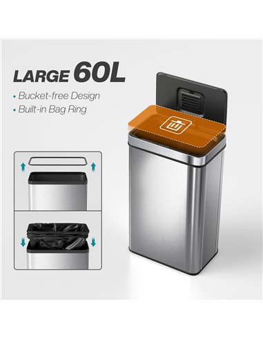 HOMCOM 60 L Sensor Can,  Sensor Bin with Soft-Close Lid, Fingerprint-Proof Stainless Steel, Silver Tone