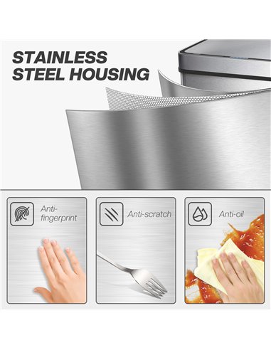 HOMCOM 60 L Sensor Can,  Sensor Bin with Soft-Close Lid, Fingerprint-Proof Stainless Steel, Silver Tone