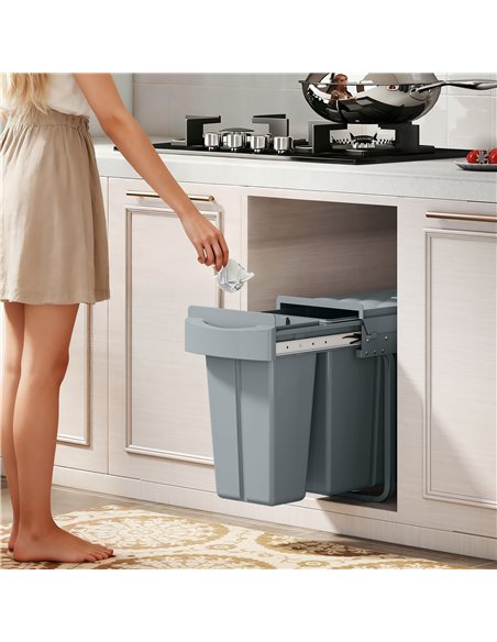 HOMCOM 2 Removable Recycling, ContaineUnder-Sink Kitchen Trash Bin, Smooth Slide, Handle, Diamond Pattern Lid, Grey - pic 203482 | FastDaddyshop