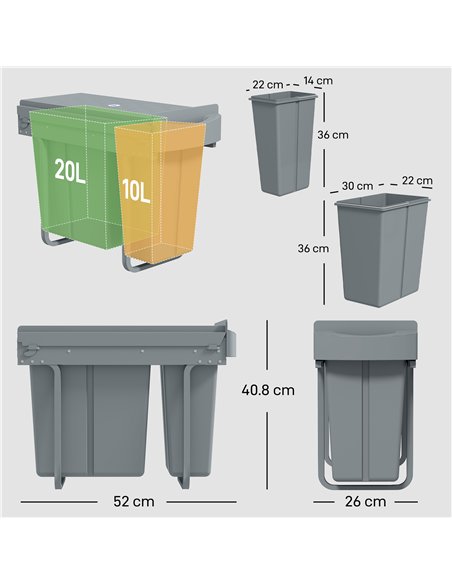 HOMCOM 2 Removable Recycling, ContaineUnder-Sink Kitchen Trash Bin, Smooth Slide, Handle, Diamond Pattern Lid, Grey - pic 203483 | FastDaddyshop