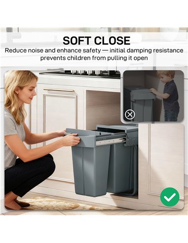 HOMCOM 2 Removable Recycling, ContaineUnder-Sink Kitchen Trash Bin, Smooth Slide, Handle, Diamond Pattern Lid, Grey
