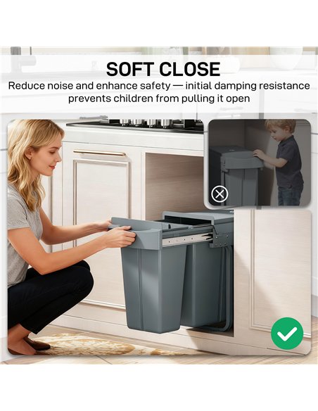 HOMCOM 2 Removable Recycling, ContaineUnder-Sink Kitchen Trash Bin, Smooth Slide, Handle, Diamond Pattern Lid, Grey - pic 203487 | FastDaddyshop