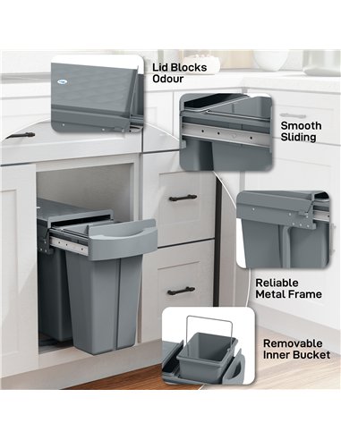 HOMCOM 2 Removable Recycling, ContaineUnder-Sink Kitchen Trash Bin, Smooth Slide, Handle, Diamond Pattern Lid, Grey