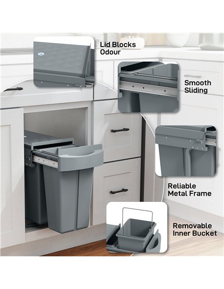 HOMCOM 2 Removable Recycling, ContaineUnder-Sink Kitchen Trash Bin, Smooth Slide, Handle, Diamond Pattern Lid, Grey - pic 203488 | FastDaddyshop