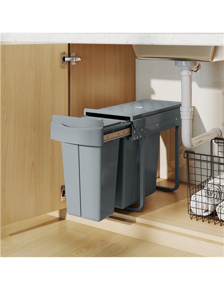 HOMCOM 2 Removable Recycling, ContaineUnder-Sink Kitchen Trash Bin, Smooth Slide, Handle, Diamond Pattern Lid, Grey - pic 203489 | FastDaddyshop