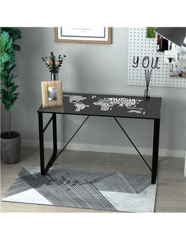 HOMCOM Glass Top Writing Gaming Desk with World Map, Easy Assembly, Black