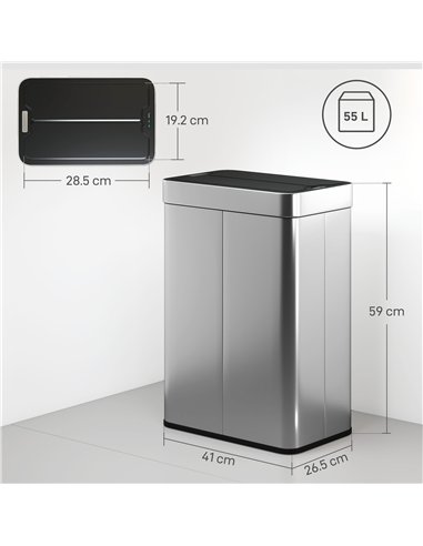HOMCOM 55L Sensor Bin, Large Automatic Touchless Rubbish Bin with Soft-Close Lid, Silver Tone