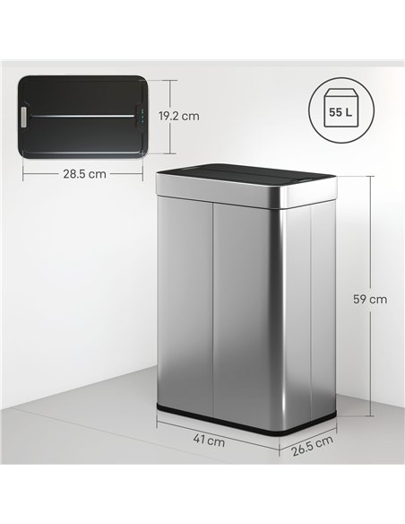 HOMCOM 55L Sensor Bin, Large Automatic Touchless Rubbish Bin with Soft-Close Lid, Silver Tone - pic 203492 | FastDaddyshop