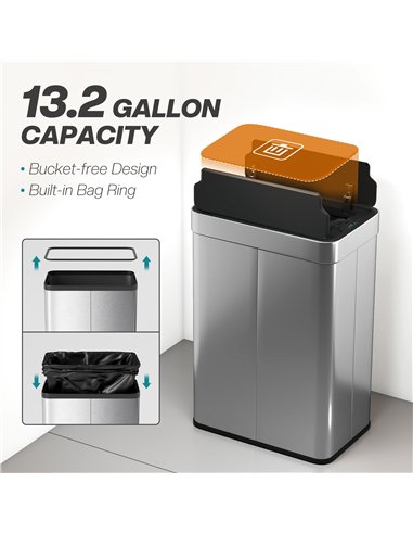 HOMCOM 55L Sensor Bin, Large Automatic Touchless Rubbish Bin with Soft-Close Lid, Silver Tone