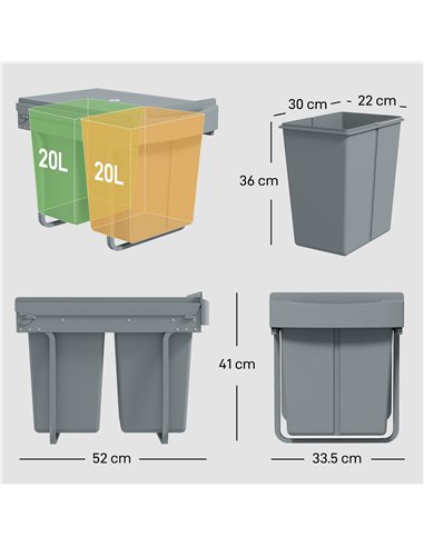 HOMCOM Pull Out Bin, Kitchen Under Sink Bin with 2 Removable Compartments, Smooth Glide, Grey
