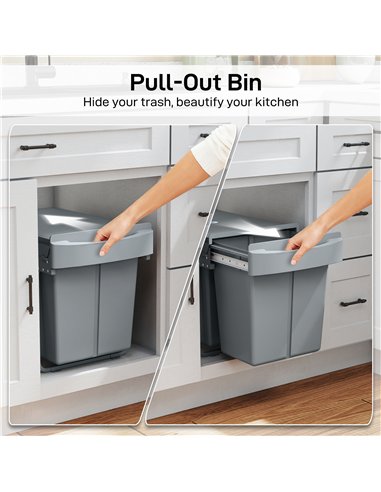 HOMCOM Pull Out Bin, Kitchen Under Sink Bin with 2 Removable Compartments, Smooth Glide, Grey
