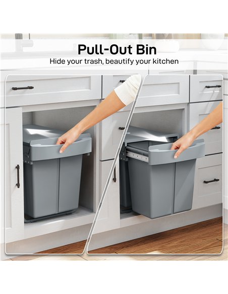 HOMCOM Pull Out Bin, Kitchen Under Sink Bin with 2 Removable Compartments, Smooth Glide, Grey - pic 203502 | FastDaddyshop