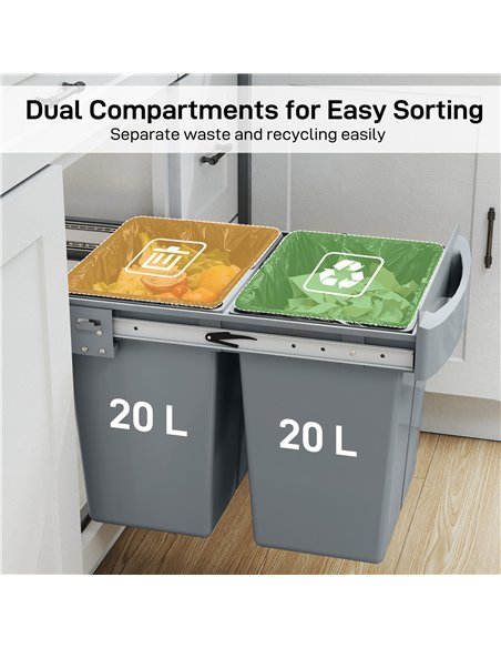 HOMCOM Pull Out Bin, Kitchen Under Sink Bin with 2 Removable Compartments, Smooth Glide, Grey - pic 203503 | FastDaddyshop