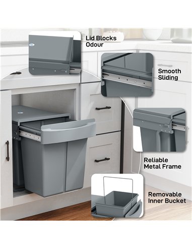 HOMCOM Pull Out Bin, Kitchen Under Sink Bin with 2 Removable Compartments, Smooth Glide, Grey