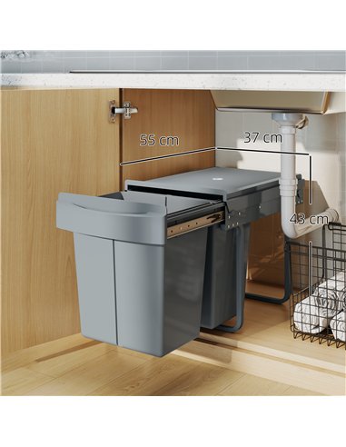 HOMCOM Pull Out Bin, Kitchen Under Sink Bin with 2 Removable Compartments, Smooth Glide, Grey