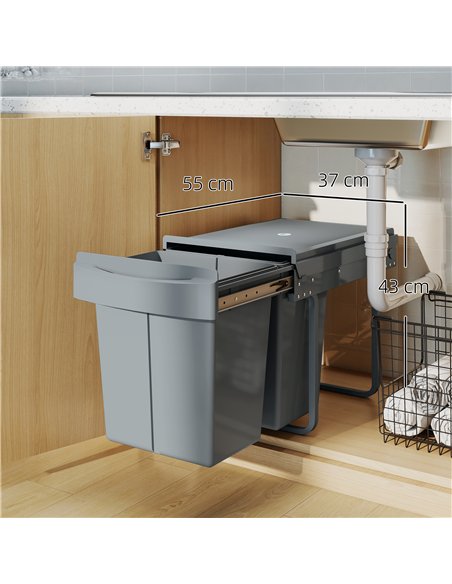 HOMCOM Pull Out Bin, Kitchen Under Sink Bin with 2 Removable Compartments, Smooth Glide, Grey - pic 203507 | FastDaddyshop