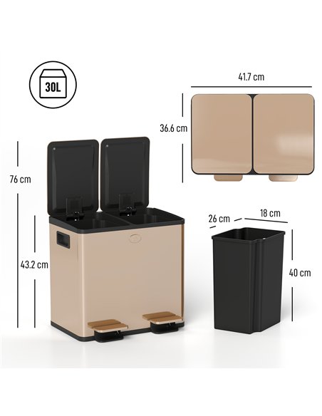 HOMCOM 30L Dual Compartment Stainless Steel Bin, with Deodoriser Holders - Gold Tone - pic 203510 | FastDaddyshop