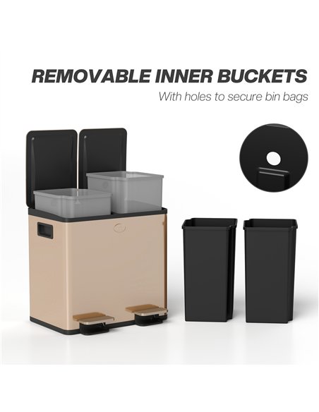 HOMCOM 30L Dual Compartment Stainless Steel Bin, with Deodoriser Holders - Gold Tone - pic 203514 | FastDaddyshop