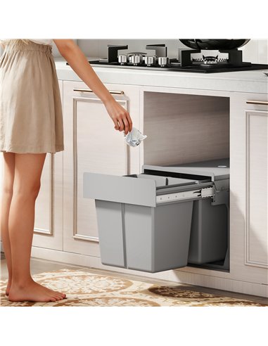 HOMCOM Pull Out Bin, Under Sink Bin - 2 Removable Compartments (15L Each) for 400mm Cabinets, Light Grey