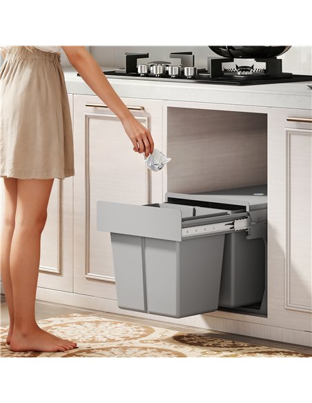 HOMCOM Pull Out Bin, Under Sink Bin - 2 Removable Compartments (15L Each) for 400mm Cabinets, Light Grey - pic 203518 | FastDaddyshop