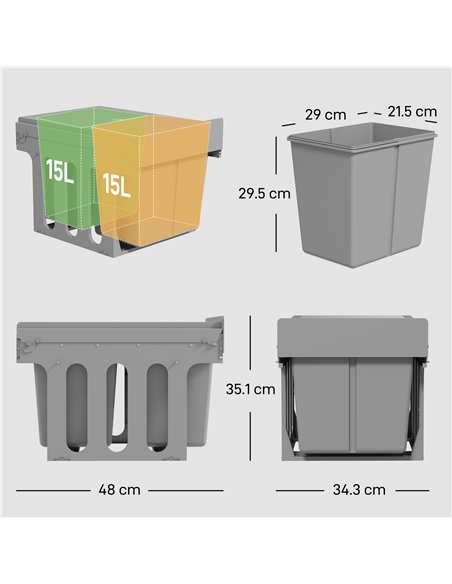 HOMCOM Pull Out Bin, Under Sink Bin - 2 Removable Compartments (15L Each) for 400mm Cabinets, Light Grey - pic 203519 | FastDaddyshop