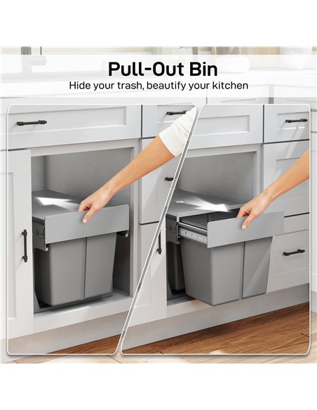 HOMCOM Pull Out Bin, Under Sink Bin - 2 Removable Compartments (15L Each) for 400mm Cabinets, Light Grey - pic 203520 | FastDaddyshop