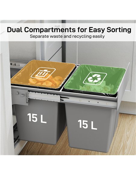 HOMCOM Pull Out Bin, Under Sink Bin - 2 Removable Compartments (15L Each) for 400mm Cabinets, Light Grey - pic 203521 | FastDaddyshop
