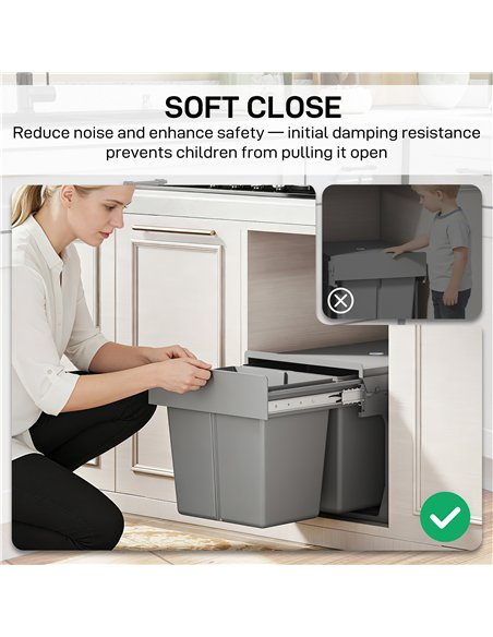 HOMCOM Pull Out Bin, Under Sink Bin - 2 Removable Compartments (15L Each) for 400mm Cabinets, Light Grey - pic 203523 | FastDaddyshop