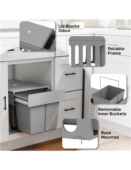 HOMCOM Pull Out Bin, Under Sink Bin - 2 Removable Compartments (15L Each) for 400mm Cabinets, Light Grey - pic 203524 | FastDaddyshop