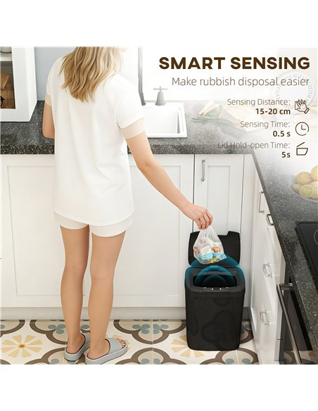 HOMCOM 15L Sensor Bin, Automatic Touchless Kitchen Bin, Easy Clean, Battery Operated for Home Office, Bedroom, Bathroom, Black - pic 203529 | FastDaddyshop