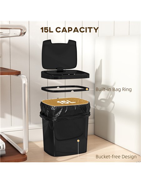 HOMCOM 15L Sensor Bin, Automatic Touchless Kitchen Bin, Easy Clean, Battery Operated for Home Office, Bedroom, Bathroom, Black - pic 203531 | FastDaddyshop