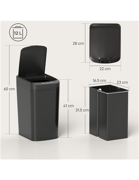 HOMCOM 12L Sensor Bin, Automatic Touchless Motion Sensor Kitchen Bin with Fingerprint Resistant Stainless Steel, Black - pic 203537 | FastDaddyshop