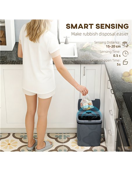 HOMCOM 15L Sensor Bin, Automatic Touchless Kitchen Bin, Easy Clean, Battery Operated for Home Office, Bedroom, Bathroom, Grey - pic 203547 | FastDaddyshop