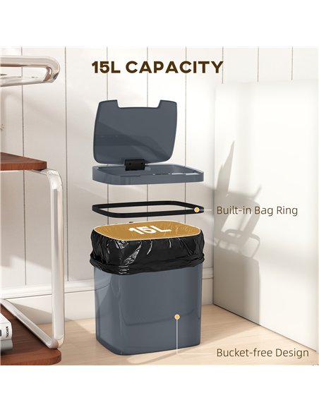 HOMCOM 15L Sensor Bin, Automatic Touchless Kitchen Bin, Easy Clean, Battery Operated for Home Office, Bedroom, Bathroom, Grey - pic 203549 | FastDaddyshop