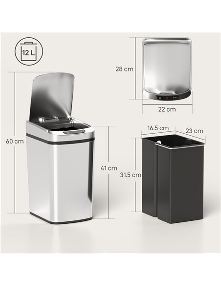 HOMCOM 12L Sensor Bin, Automatic Touchless Motion Sensor Kitchen Bin with Fingerprint Resistant Stainless Steel, Silver - pic 203555 | FastDaddyshop